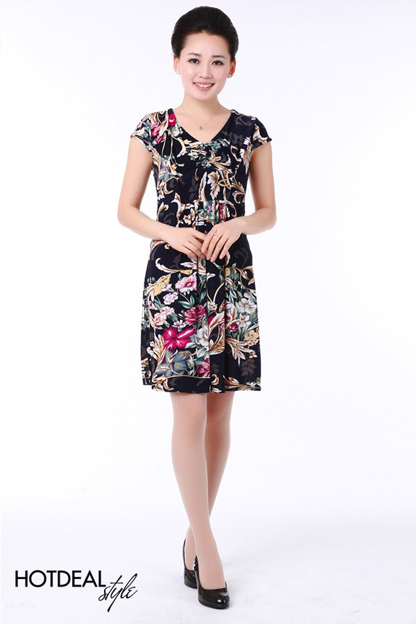 Đầm thun nhún xếp ly cổ vest màu Xanh Rêu 6058